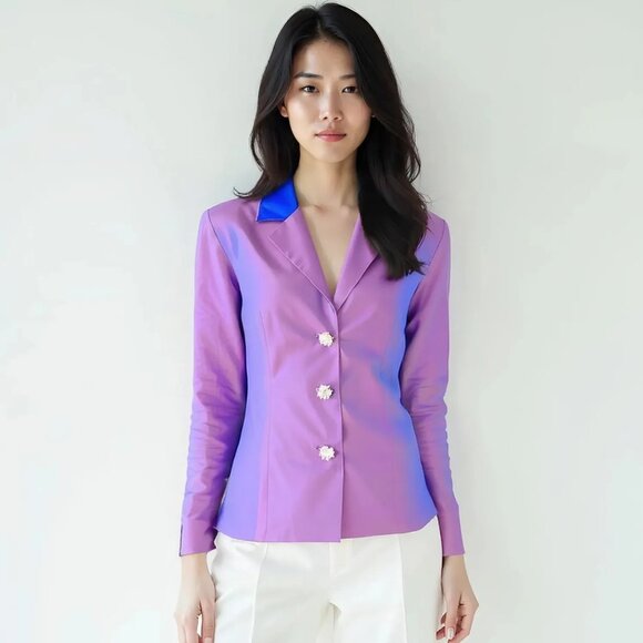 Lilac Purple Mauve Blue Crystal Changeant Shot Iridescent Silk Blazer Jacket 14 - Picture 1 of 9